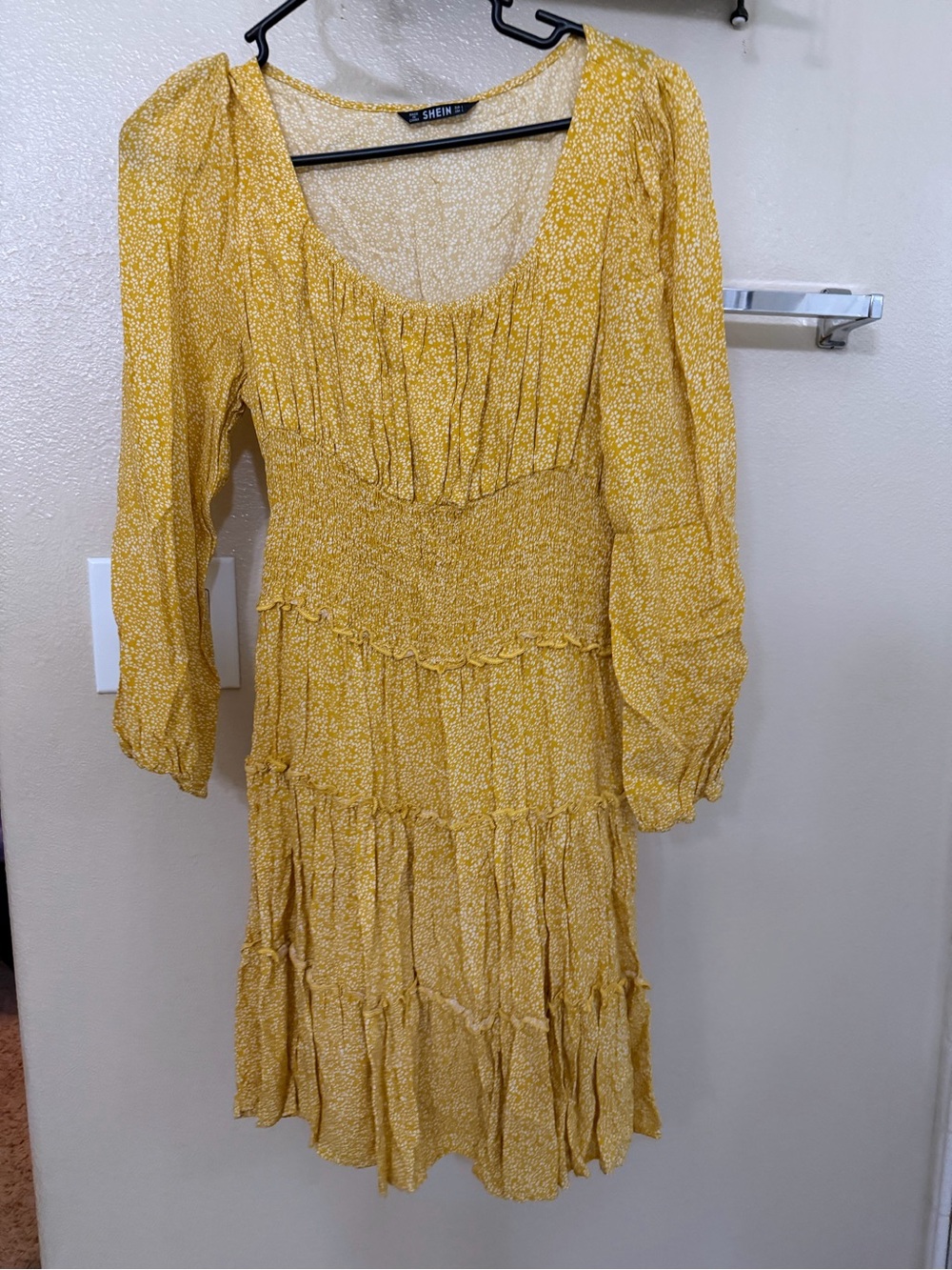 SHEIN Mustard Yellow Ditsy Floral Tiered Smocked Midi Dress